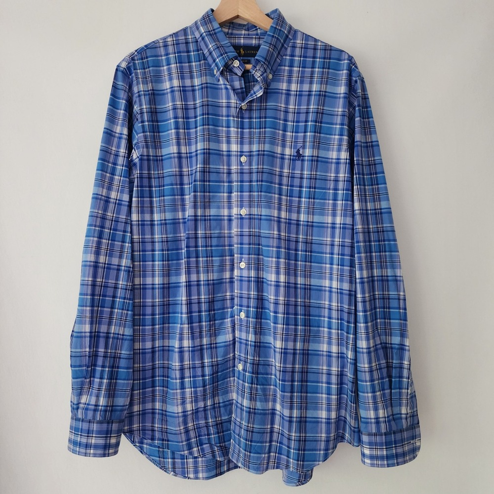 Ralph Lauren Classic Fit‎ blue white plaid shirt long sleeve mens size M 15.5 - Picture 2 of 6